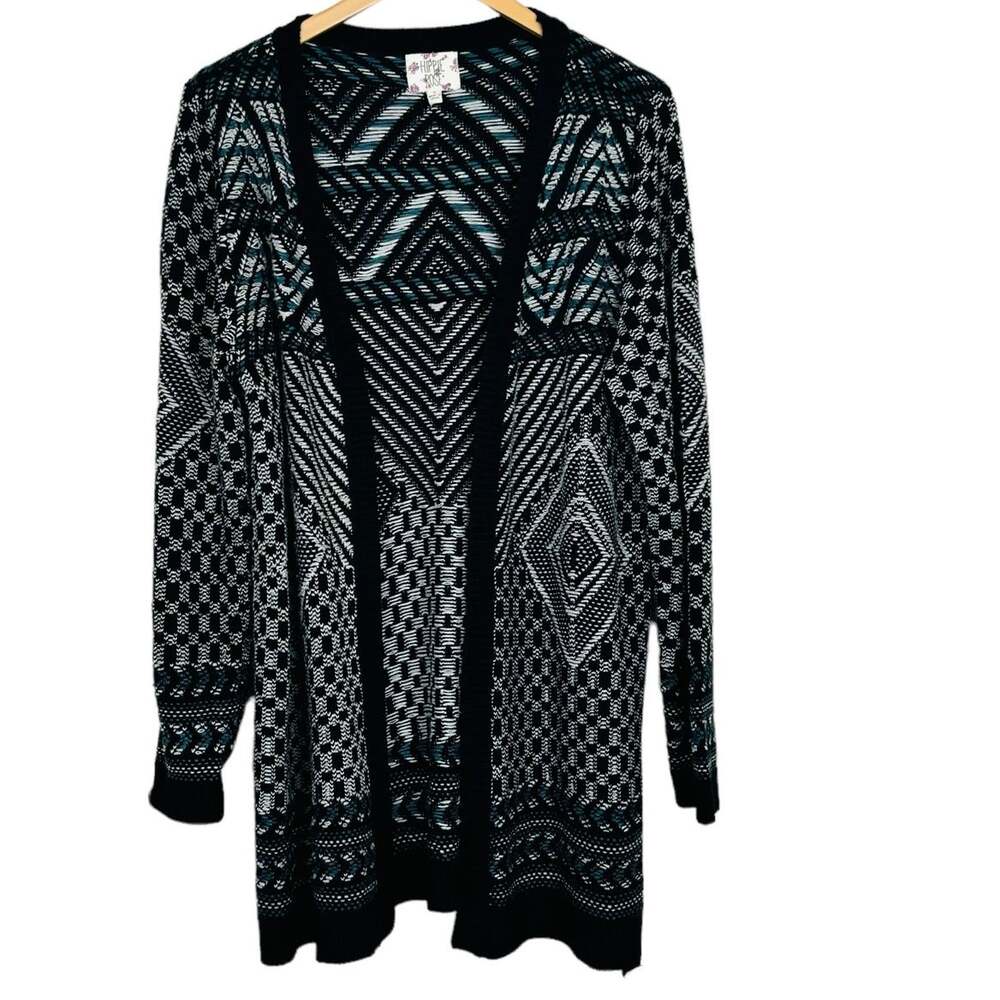 Hippie Rose Long Open Pattern Cardigan Black Teal Cream Size Largeb